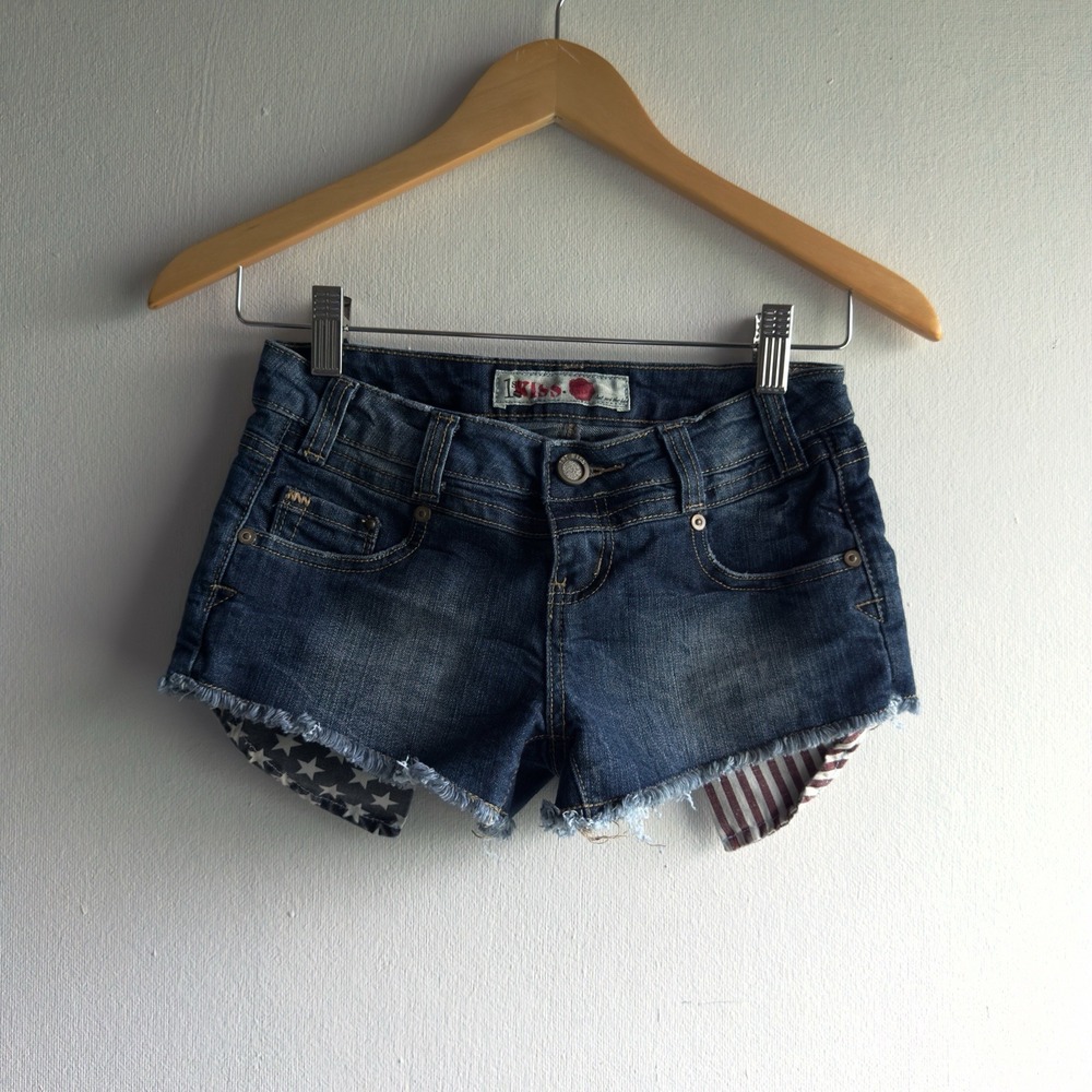 Y2K 1st Kiss Americana Star Stripe Denim Low Rise Shorts Women 0 Indie Festival